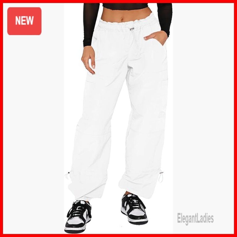 Wide Leg Cargo Pants with Drawstring Waist, 4 Pockets, Non-Stretch Polyester